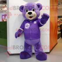 Purple Teddy Bear mascot costume character dressed with a Bootcut Jeans and Lape - £917.92 GBP