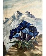 1940s French oil painting on panel.Alpine Gentians on Mountain Backgroun... - $295.00