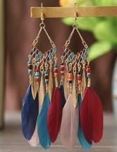 Multicoloured feather earrings - beaded drop tassel earrings - £14.82 GBP