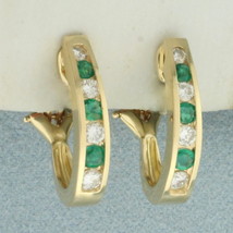 Emerald and Diamond J-Hoop Earrings in 14k Yellow Gold - £593.92 GBP