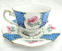 Vintage Nippon Yoko Boeki Cup and Saucer Set Blue Fishnet Panels Pink Flowers - £10.67 GBP