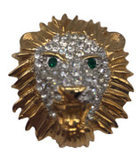 Roaring Lion Pin Brooch Rhinestone Costume Gold Tone Metal Green Eyes Vi... - €25,27 EUR