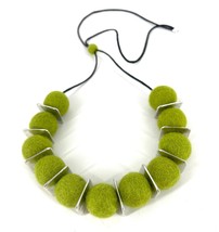 Lightweight green felted wool necklace with silver square disk spacer beads, han - £47.69 GBP