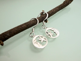 Moon Face &amp; Star Disc Drop Earrings 925 Sterling Silver, Handmade Gifts For Her - £23.18 GBP