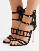 Sophia Webster Birdie Sandals Black Suede Leather Laser Cut Heels SZ 38 NIB - £430.15 GBP