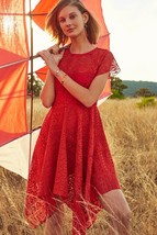 NWT ANTHROPOLOGIE PRIMA ASYMMETRIC HANKY HEM RED LACE DRESS by MAEVE 2, 10 - $69.99