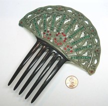 Large VTG Deco Gray Green Black Early Plastic Red Green Stone Mantilla Hair Comb - $49.50