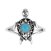 Mandala Ocean&#39;s Spirit Turtle Blue Turquoise Inlay Sterling Silver Ring-8 - £12.44 GBP
