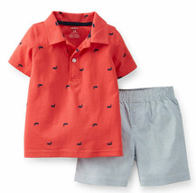 Carters Baby Boys 2- Pc Blue Striped Short Polo Shirt Set Orange Whales 3 Mos - £11.02 GBP