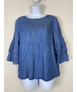 Alya Womens Size S Blue Tencel Chambray Blouse 3/4 Ruffle Tiered Sleeve - $11.30