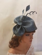 Fascinator DARK BLUISH GREY large  hatinator long Quil hat Church Derby Ascot Ro - £53.55 GBP