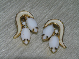 Vintage Two Opaque White Marquise Rhinestone with Enamel Swirl Top Clip Earrings - £4.69 GBP