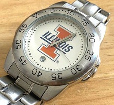 Sun Time Illinois Men Rotating Bezel Silver Analog Quartz Watch~Date~New Battery - £12.99 GBP