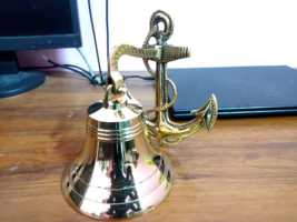 Handmade Nautical Brass Bell Wall Hanging Ship Bell 8&quot; Brass Anchor Boat Decor - £43.20 GBP