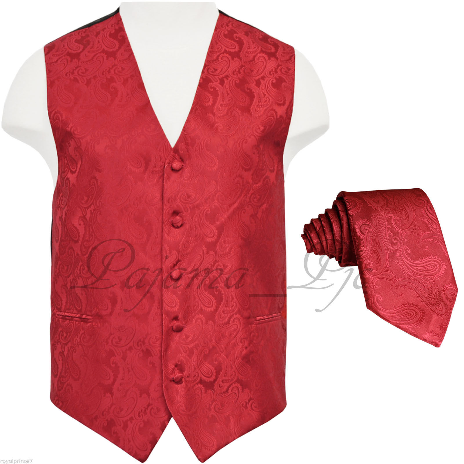 RED MEN'S XS - 6XL Paisley Tuxedo Suit Dress Vest Waistcoat & Neck tie Wedding - £17.81 GBP - £21.78 GBP