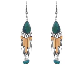 Teardrop Gemstone Cabochon Long Wooden Bamboo Chip Metal Dangle Earrings - Women - $17.81