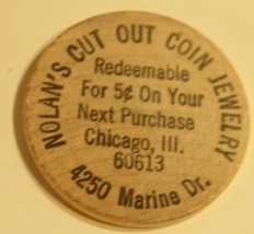 Vintage Nolan&#39;s Cut Out Coin Jewelry Wooden Nickel Chicago Illinois - £3.86 GBP