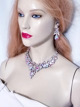 Created Pearl Necklace, AB Crystal Choker, Necklace Earring Set, Rhinestone Page - £40.74 GBP