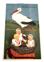 Vintage Postcard Stork 3 Babies Nest Chimney Adoption Hearty Congratulat... - $18.32