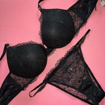 Victoria&#39;s Secret 34DD Bra Set M String Panty Black Lace Gold Very Sexy Plunge - £66.45 GBP