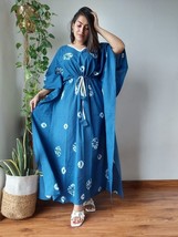 Hand Block Print Blue Kaftan For Dress Winter Fall Bridesmaid Dress Beac... - $39.99