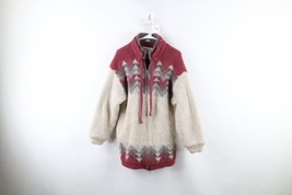 Vtg 70s Streetwear Womens Medium Distressed Heavyweight Wool Knit Sweater Jacket - £54.40 GBP