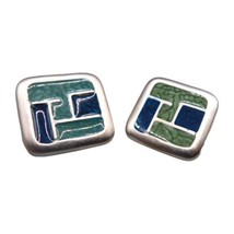 Vtg Tile Style Pierced Earrings Green Blue Enamel Square Shaped Statement  - £8.55 GBP