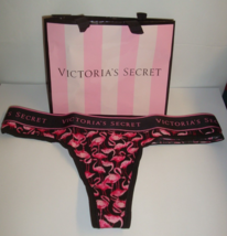 New Victoria&#39;s Secret Logo Cotton Thong Panty Black With Pink Flamingo Sz L - £10.94 GBP