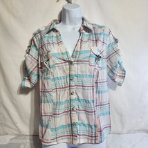 Ash &amp; Emee country pearl button blue and pink plaid 3/4 sleeve shirt size large - £10.19 GBP