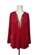 Chicos Travelers Slinky Embellished Top Size 1 Med Red Gold Stretch 3/4 Sleeves  - £14.89 GBP