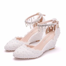 Crystal Queen Wedges White Lace-up Wedding shoes woman 8cm High heels shoes Brid - £46.33 GBP