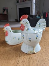 Otagin Ceramic Rooster &amp; Hen Cream and Sugar Blue Hand Painted Vintage Japan - £18.38 GBP