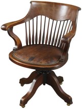 Office Chair Antique French Windsor Style Walnut Wood Tobacco Brown Leather 1920 - £1,310.16 GBP