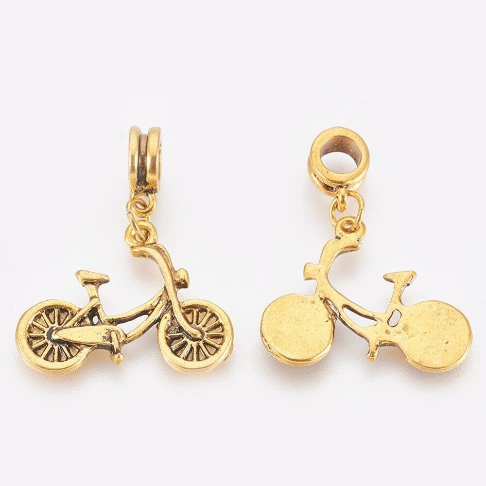 2 Bicycle Bead Charms Antiqued Gold European Big Hole Pendant Cyclist 33mm - $2.99