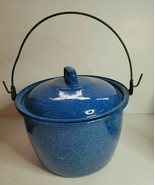 BLUE SPECKLED ENAMELWARE SMALL STOCKPOT WITH LID 5.5&quot; TALL x 8.5&quot; WIDE - $22.00