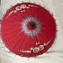 Asian Chinese Japanese 26&quot; Red Lotus Flower Floral Vintage Umbrella - £11.87 GBP