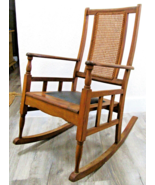 Antique Mission Style Oak Cane Back Black Leather Seat Rocking Chair - €341,46 EUR