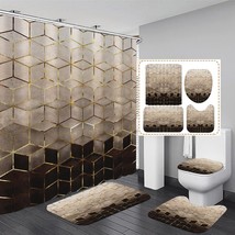 4Pcs Brown Gradient Shower Curtain Set Modern Geometric Shower Curtain Set Golde - £37.21 GBP
