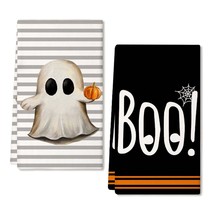 Halloween Kitchen Towels Set Of 2,Ghost Pumpkin Grey Stripes Dish Towels 18X26 I - £25.10 GBP