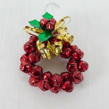 Red Jingle Bell Wreath Christmas Ornament Green Holly Leaves Gold Bow 3&quot; Metal - £5.86 GBP