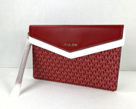 New Michael Kors Wristlet Maisie Large Red Leather Canvas Logo Envelope  B17 - £78.86 GBP