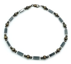 Vintage Beaded 925 Sterling Silver Faux Hematite Necklace 17&quot; - £24.92 GBP