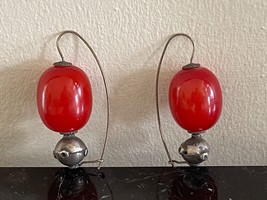 Vintage Pair of Chinese Silver and Red Bead Earrings - £94.94 GBP