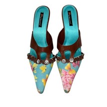 M BY MORENATOM BLUE FLORAL POINTED CRYSTAL WEDGE WOOD SLIP ON MULE WOMEN... - $34.20