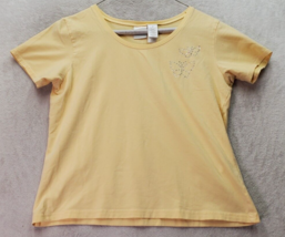 Emma James Cropped T Shirt Top Womens Medium Yellow Round Neck Beaded Butterfly - £10.96 GBP