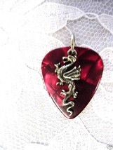 DEEP BLOOD RED GUITAR PICK and PEWTER CLASSIC DRAGON CHARM PENDANT NECKLACE - $6.99 CAD