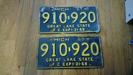 1967 ORIGINAL MICHIGAN STATE AUTO LICENSE PLATE PAIR MATCH SET 910-920 V... - $39.55