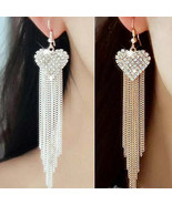 Fashion Crystal Heart Dangle Drop Tassel Earrings Rhineston Women Weddin... - €13,90 EUR