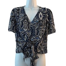 New York &amp; Company Blue White Paisley Print Flutter Sleeve Waist Tie Top... - $18.23