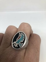 Vintage Hawk Anillo de Plata Blanco Bronce Hombres Negro Incrustación Turquesa - £31.84 GBP